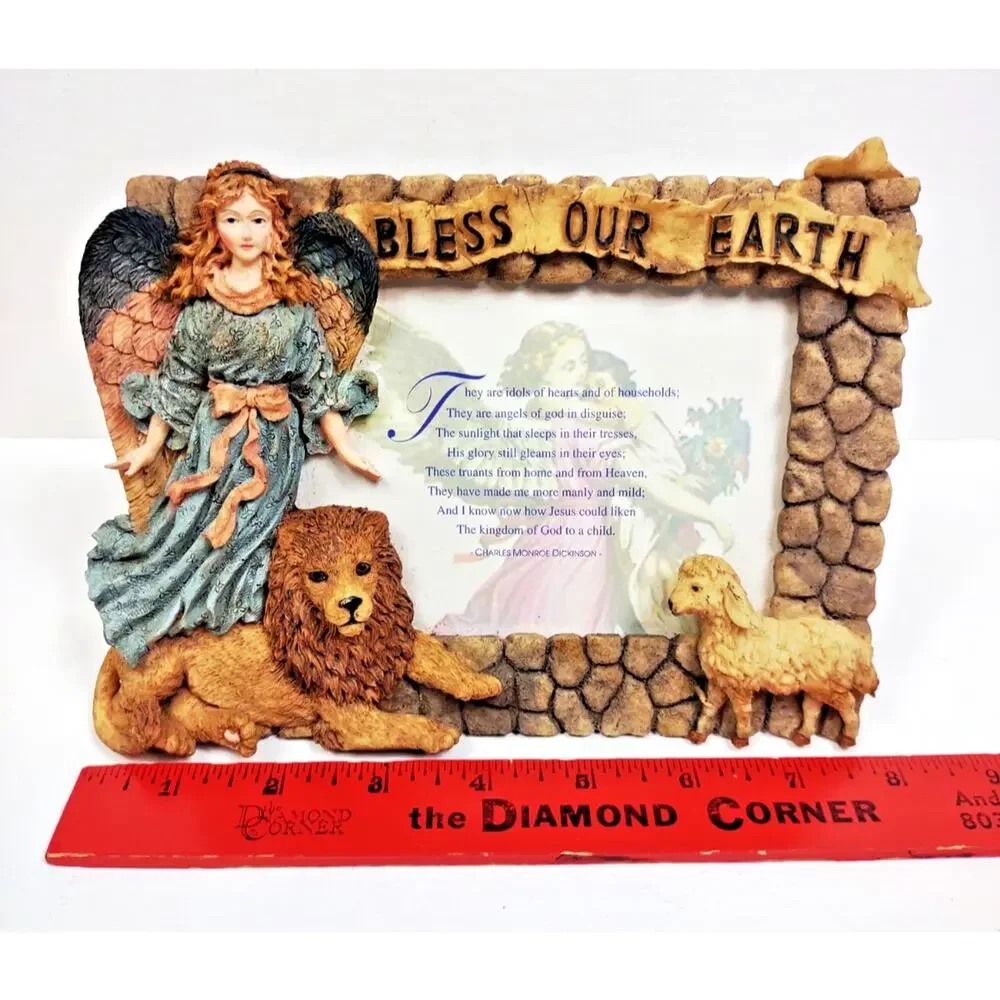 Vintage Holiday Frame Angel Sheep and Lion Bless Our Earth Poem 3-D Carved Resin